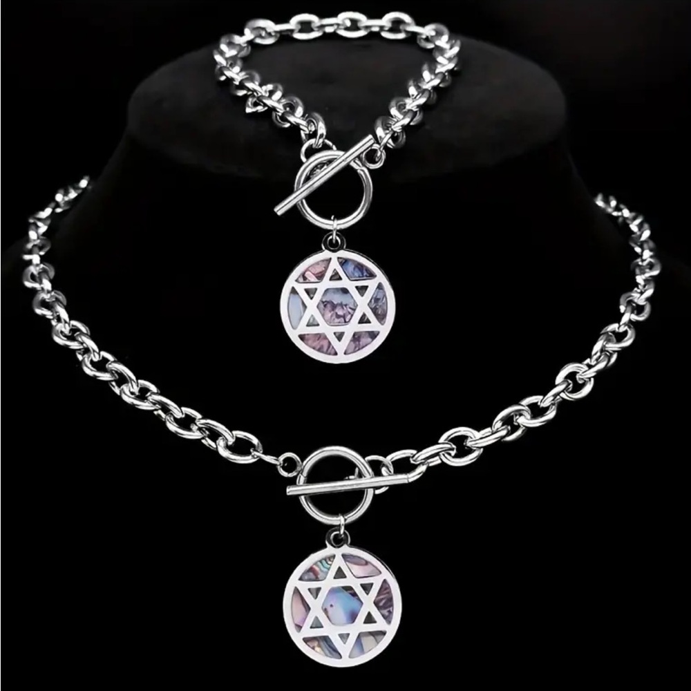 Silver Star of David Pendant Necklace and Bracelet Set